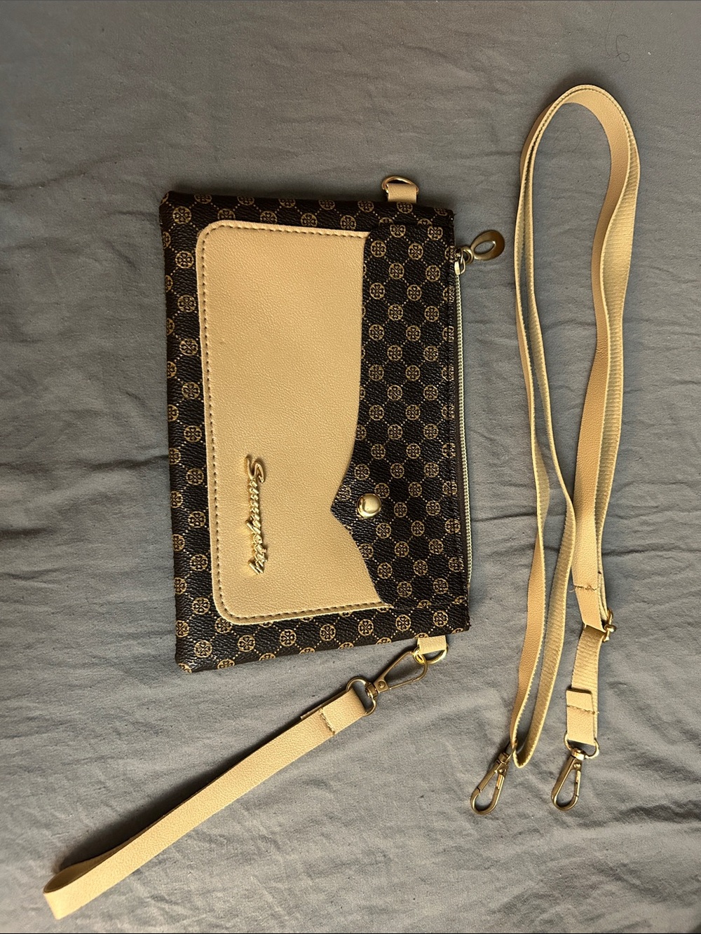 Beige & Brown Monogram Crossbody Clutch